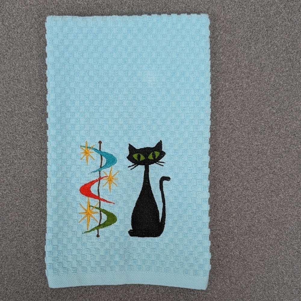 Mid Mod Retro Cat Flying Saucers Kitchen Bar Tea Hand Towel Great Gift Idea!